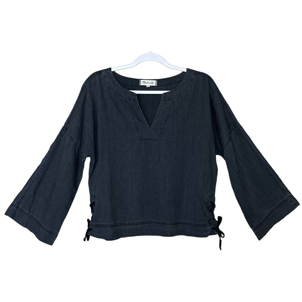 Madewell Denim Side-Lace Top  Cropped Bell Sleeve Sloan Black Size Small